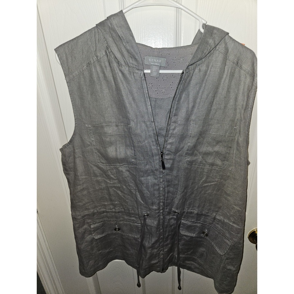 Kenar Gray Hooded Zip Vest Drawstring Sleeveless Women's Size L RN 59478